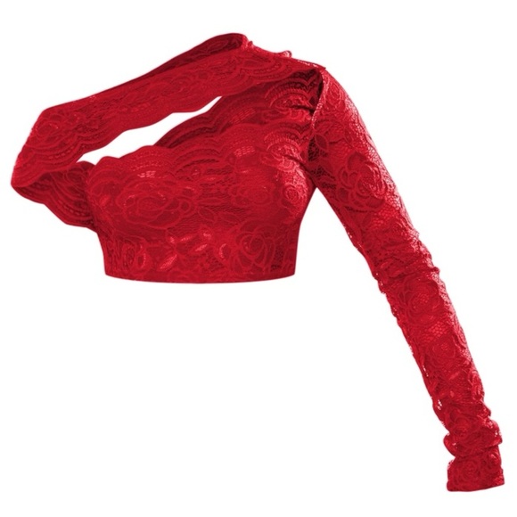 Sexy red Lace Cut Out Asymmetric Crop Long sleeve top resort vacation club hot - Picture 4 of 7